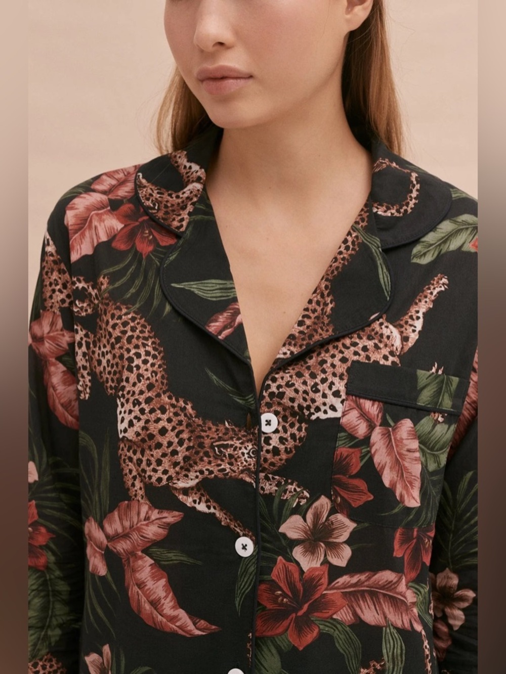 Leopard & Floral Satin Pajama Top - Black with Rust Floral - Picture 3 of 15